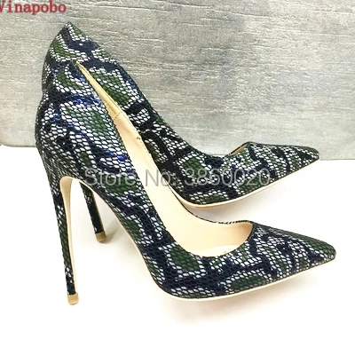 

Brand colorful snake pattern print high heels shoes woman 12CM pointed toe sexy shallow luxury women's shoes party wedding shoes