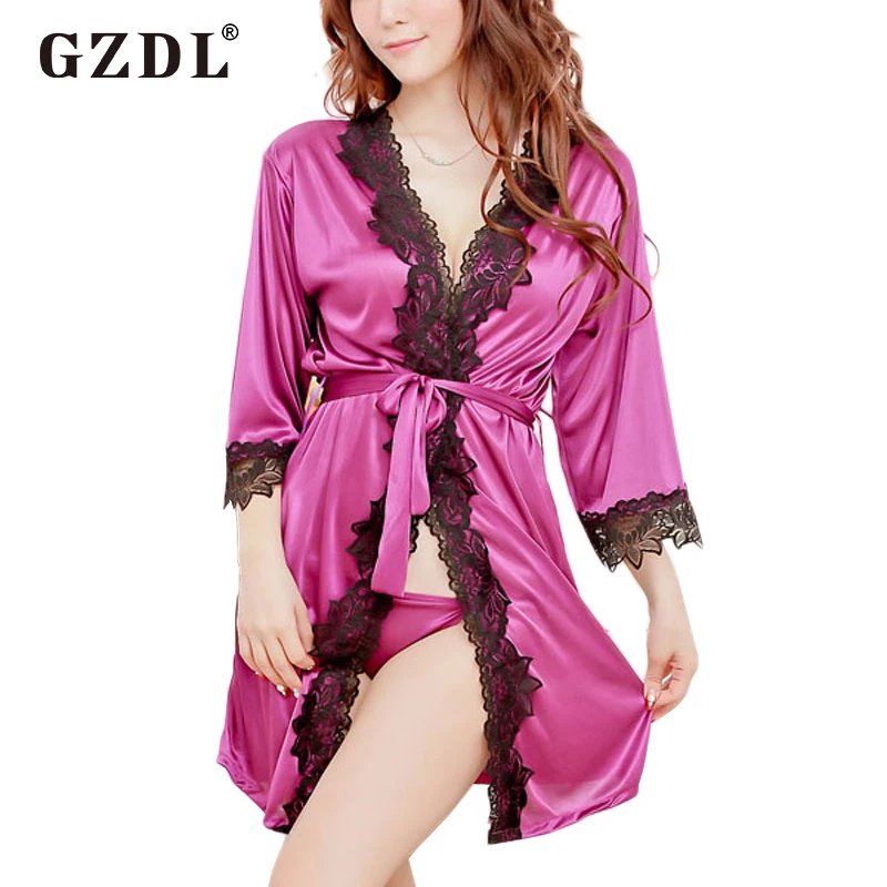 Gzdl пикантные Для женщин Кружево ночное Trim Satin Robe пижамы Ночная рубашка пижамы костюмы белье стринги Нижнее Бельё для девочек 4007