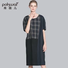 POKWAI Elegant Midi Casual Plaid Autumn Cotton Linen Dress Women 2017 Brand Womens Clothing Half Sleeve Sashes Straight Dresses