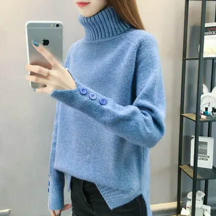 Осенне-зимний женский вязаный свитер, пуловер с высоким воротником и длинным рукавом, свободный плотный свитер, Женский Теплый джемпер, мода 2472 - Цвет: blue