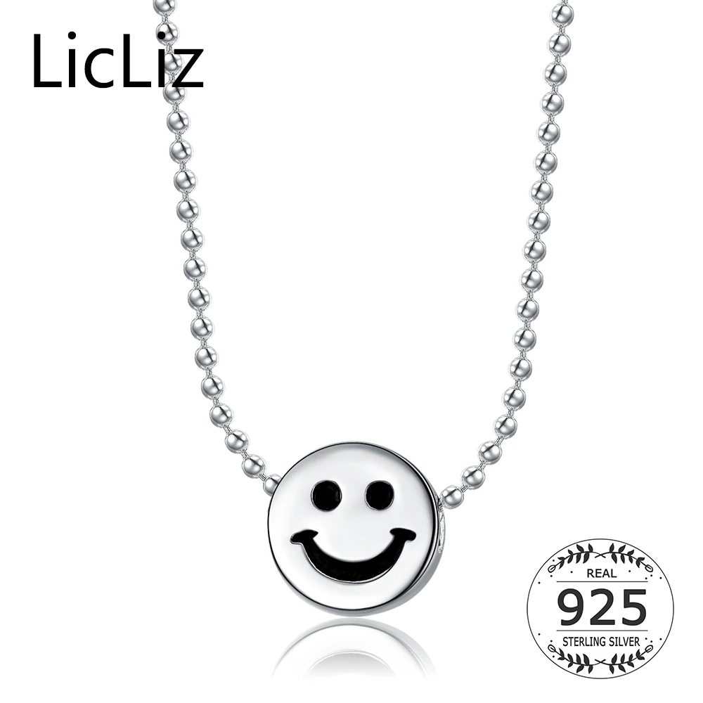 

LicLiz Real 925 Silver Floating Charm Necklace Emoji Round Pendants Necklace Choker Strand Beaded Ball Necklace Chains LN0205