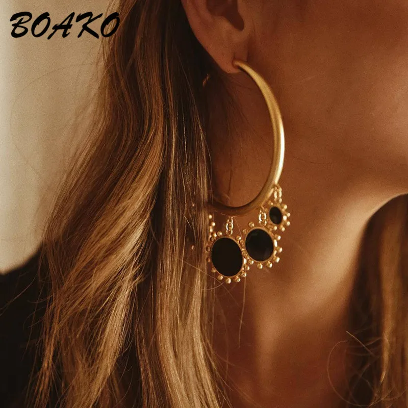 

Trendy Flower Pendant Hoop Earrings for Women Big Thick Gold Round Statement Earrings Oorbellen Bohemian Party Wedding Jewelry