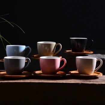 

100ml Brief Ceramic Espresso Coffee Cup with Wooden Saucer Kit Mini Drinkware Home Breakfast Milk Mug Dish Set for Friend Gifts