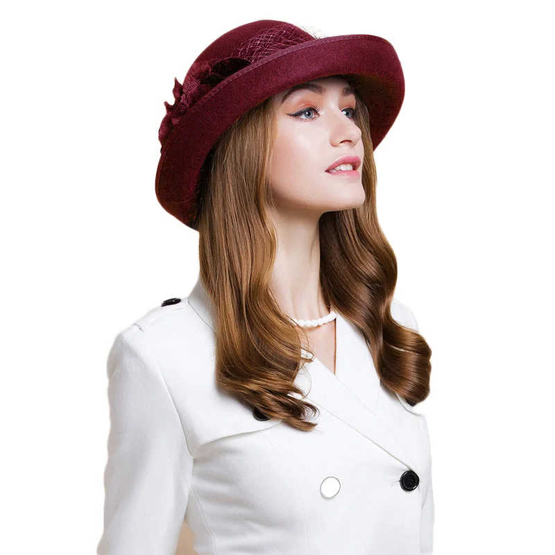FS estilo británico negro mujer Lana fieltro Fedora gasa con flor de invierno rizo de ala ancha sombrero mujer niñas boda sombreros - 2