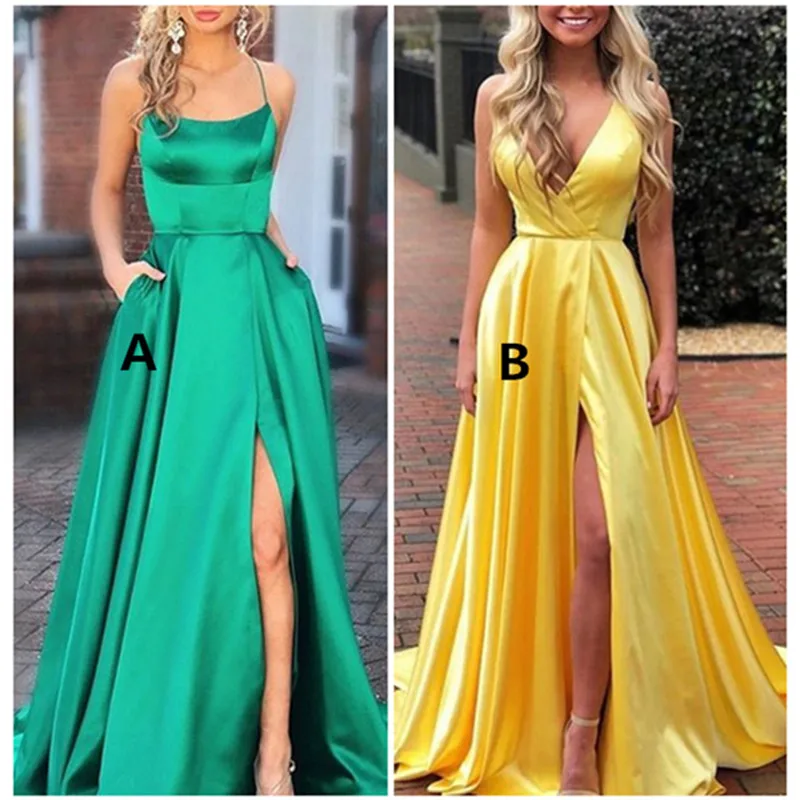 

2019 Sexy V-Neck Slit Evening Dresses Long Charming Green Yellow Backless Formal Evening Party Gowns Robe De Soiree