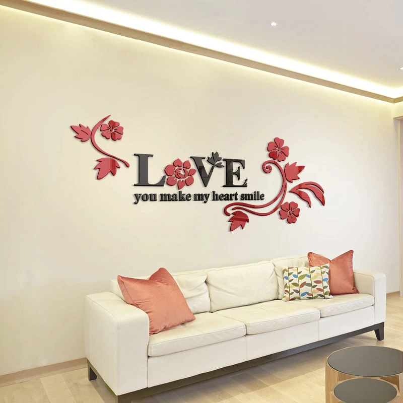Love Acrylic Mirror Decorative Stickers 3D Bedroom Background TV Wall