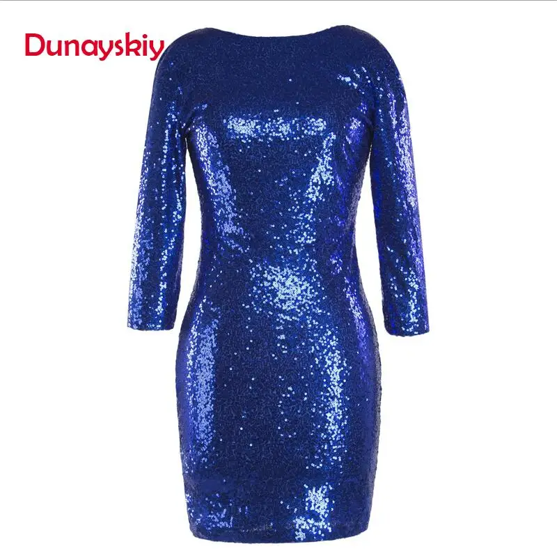 Dunayskiy Women Spring Sexy Slim 8 Colors Sequined O-Neck Dresses Female Backless Three Quarter Sleeve Shiny Mini Party Dresses - Цвет: Royalblue-1