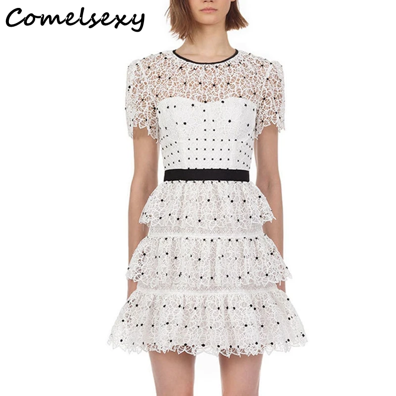 

Comelsexy New 2019 Summer White Patchwork Dot Print Ruffles Dress Cake Women Dress Runway Vintage Sexy Hollow Out Dress Vestidos