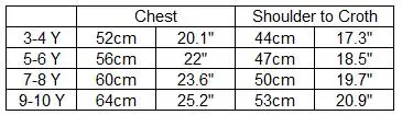 Unitards size chart