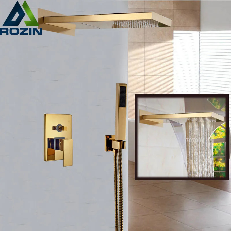 Wall Mount Single Handle Waterfall Rain Shower Faucet Mixe Tap with Handheld Shower Golden Color