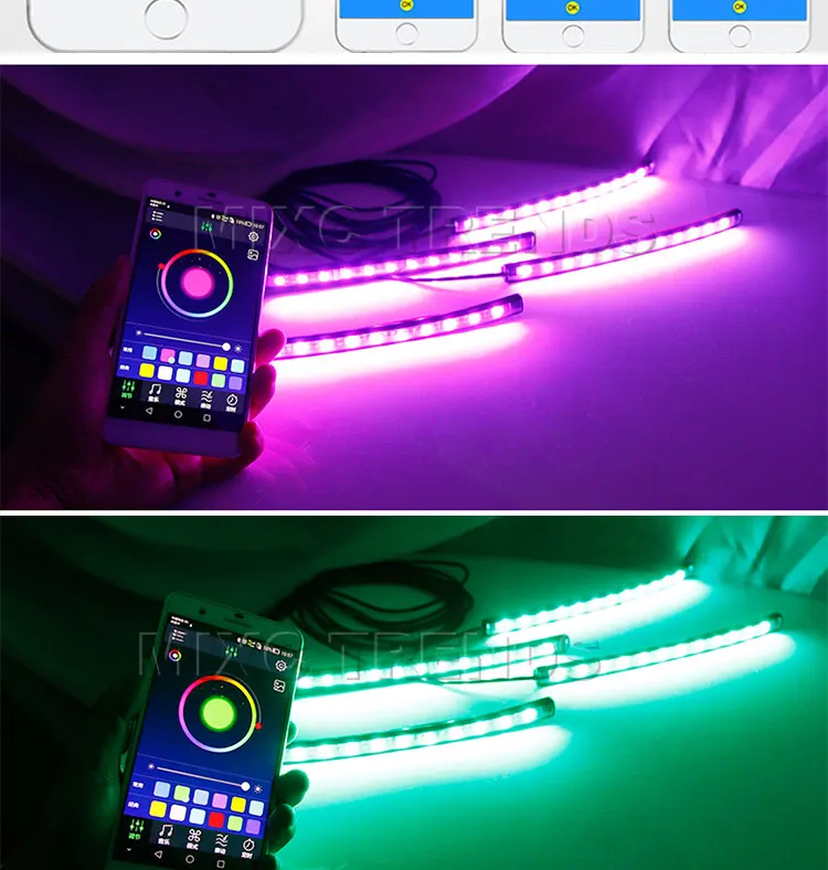 18 светодиодный гибкий автомобильный RGB Светодиодные полосы света Bluetooth телефон приложение управление атмосферная лампа Musice Голосовая декоративная Автомобильная интерьерная лампа