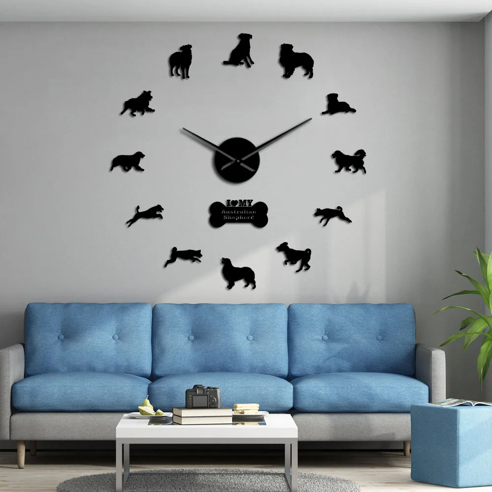 Aussie Australian Shepherd Dog Sheepdog Frameless Acrylic Mirror Stickers Decor DIY Big Wall Clock Australian Large Wall Clock