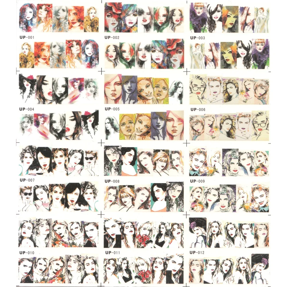 

UPRETTEGO 12 PACK/ LOT WATER DECAL NAIL ART STICKER SLIDER FULL COVER FASHION GIRL LADY PORTRAIT WATER COLOR PAINTING UP01-12