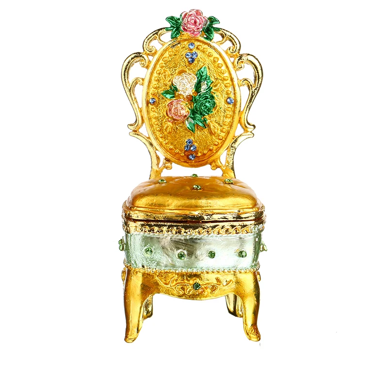 3' Metal Vintage Jewelry Case Gold Chair with Crystal Trinket Box