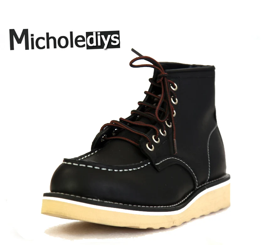 

Micholediys Handmade Vintage Cowhide Black Botas Ankle Lace up Breathable Platform Shoes Retro Work Wing Boots Red Men Shoes
