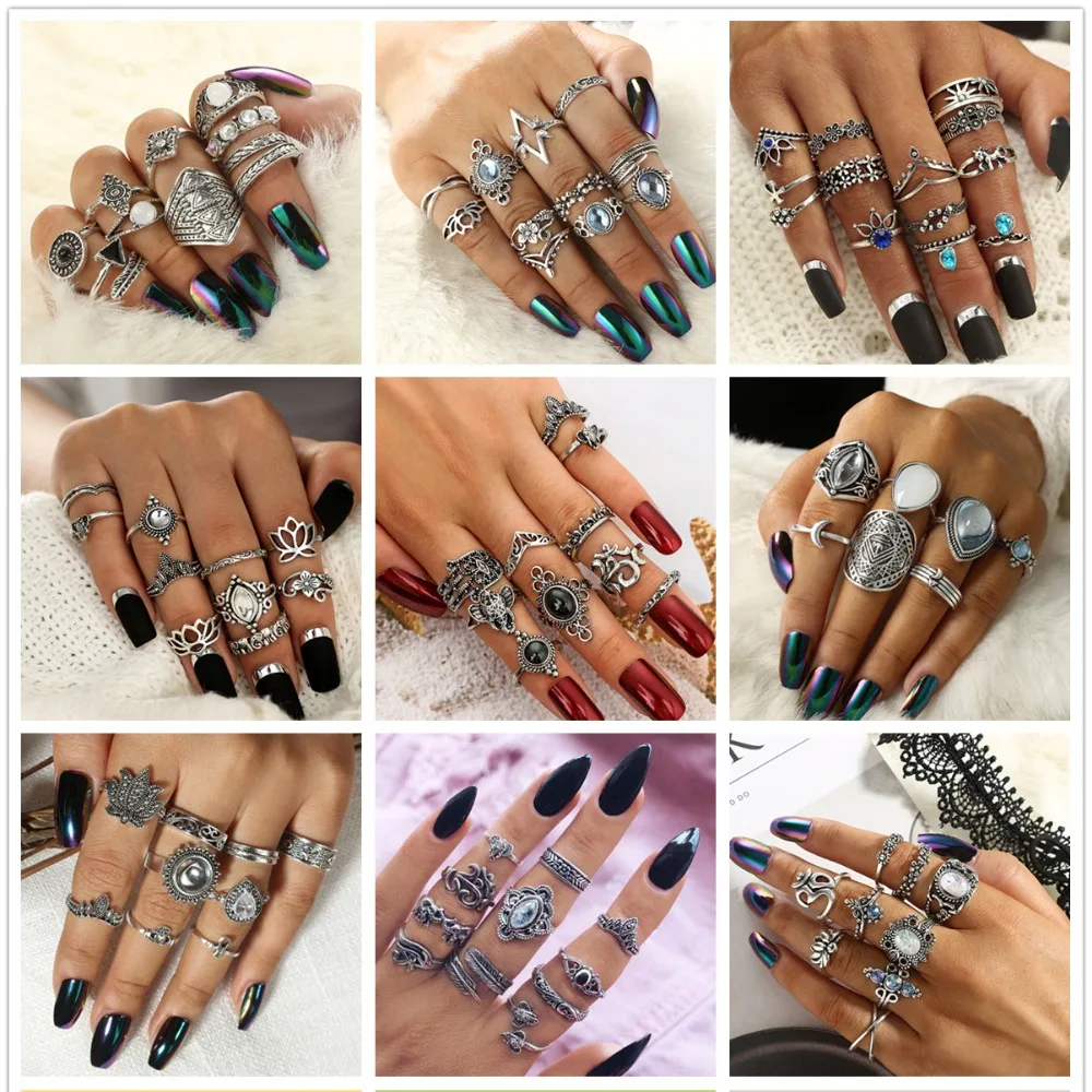 

Octbyna Bohemia Antique Silver Carved Rings Set for Women Boho Crystal Opal Flower Animal Knuckle Finger Midi Ring Jewelry 2019