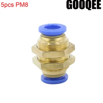 

5PCS PM8 OD 8mm to 8mm Pipe M Thread Full Port Pneumatic Bulkhead Union Push Into Connect Fitting Tube One Touch Brass Quick