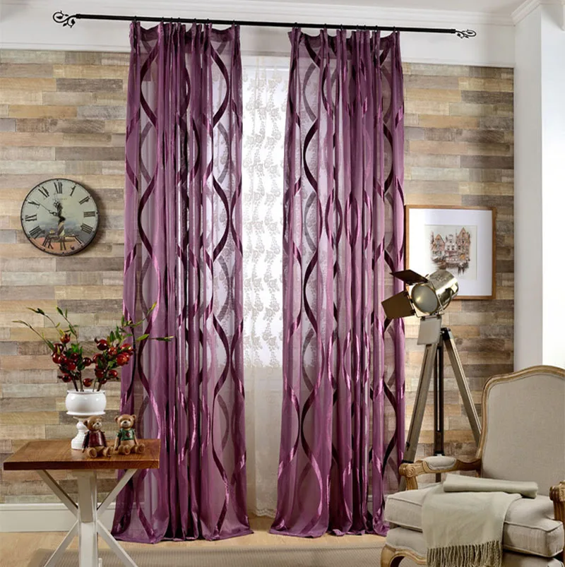 Sala de estar púrpura ondulado rayado tul cortinas brillante moderno revestimiento flocado pura cortina dormitorio gasa ventana tratamientos