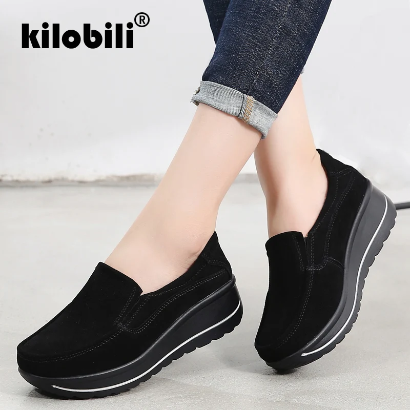 

kilobili 2019 Spring Women Flats Shoes Platform Sneakers Shoes Leather Suede Casual Shoes Slip On Flats Heels Creepers Moccasins