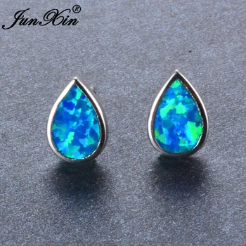 

JUNXIN Water Drop Design Blue Fire Opal Earring Female Stud Earrings Silver Color Double Sided Earrings For Women