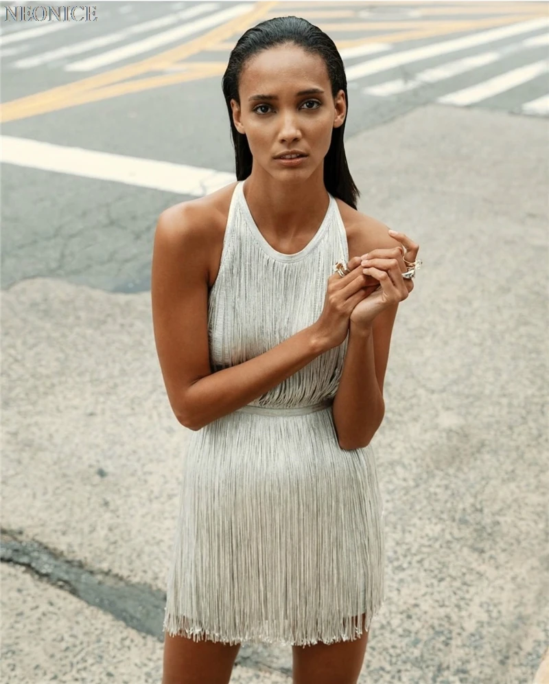

2019 new Elastic bandage dress tight nightclub socialite birthday party fashion sexy package hip leisure silver tassel backless