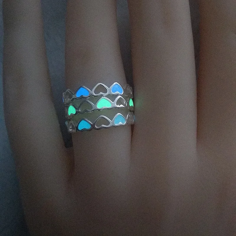 Регулируемый Полый сердце светящееся кольцо синий зеленый сверкающий в темноте романтические милые кольца для женщин Изысканные семейные детские ювелирные изделия