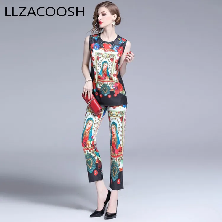 

High Quality 2019 Fashion Designer Runway Suit Set Heart Print Women sleeveless T Shirt Tops and Pants Set Casual Two Piece Se