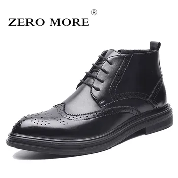 

ZERO MORE Mens Boots Fashion Spring Zipper Brogue Design Shoes Men Lace Up Solid Black Ankle Boots Men Pointed Toe Men Boots