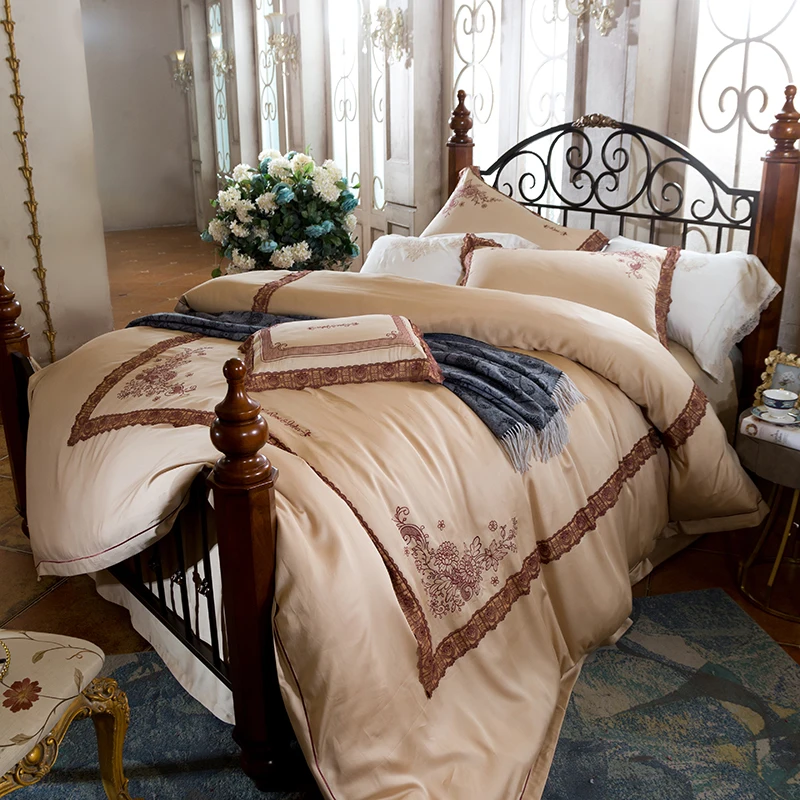 

New blue gold Color 4 Pcs Bedding Set Tencel Bedclothes embroidery Bed Linens lace Duvet Cover Set Bed Sheet