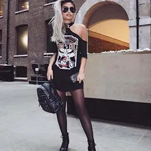 Mujeres Vintage fuera del hombro Rock estilo gótico harajuku vestido negro Camiseta larga diario modis Mini vestido ropa mujer # P