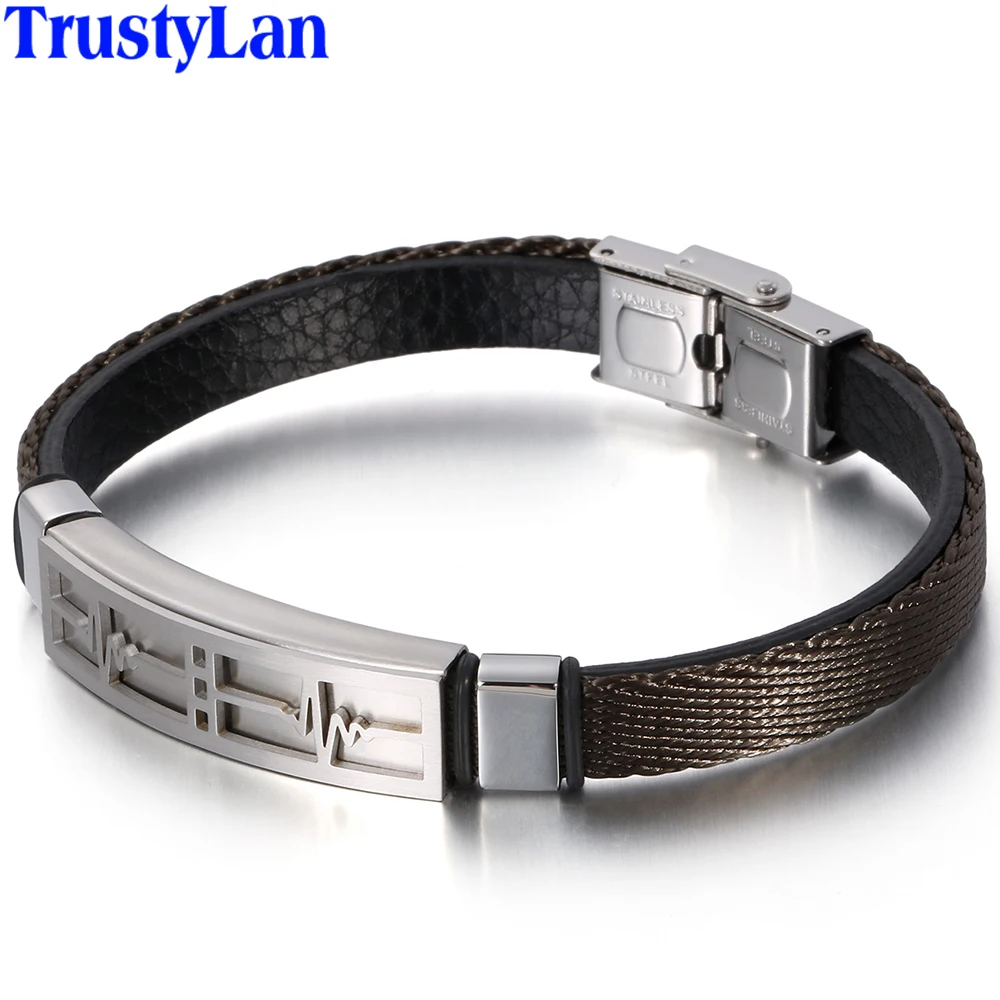 Adjustable Leather Wrap Bracelet Men Stainless Steel Heartbeat ECG Heart Rate Map Mens Bracelets Friendship Wrist Band Jewelry | Украшения