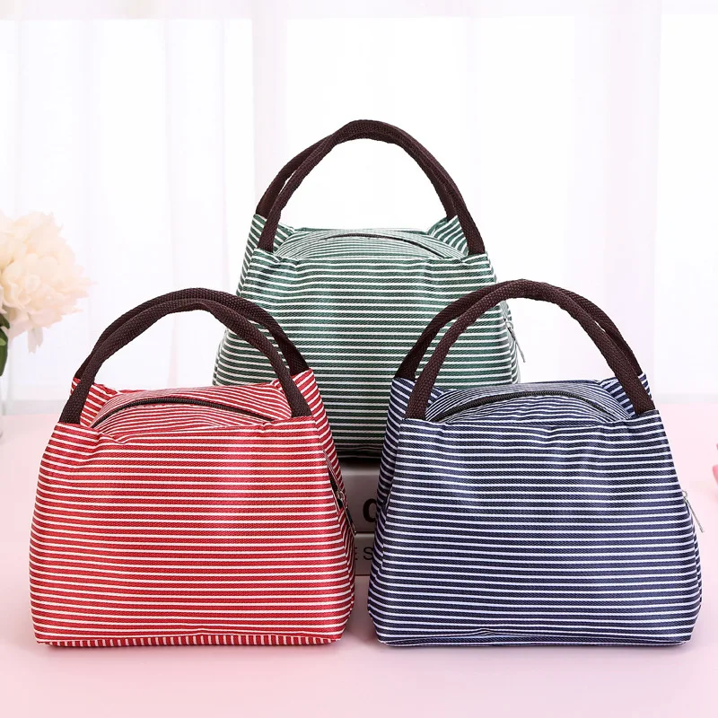 

New Leisure Women Portable Lunch Bag Canvas Stripe Insulated Cooler Bags Thermal Food Picnic Lunch Bags Box Kids Ice Pack Tote