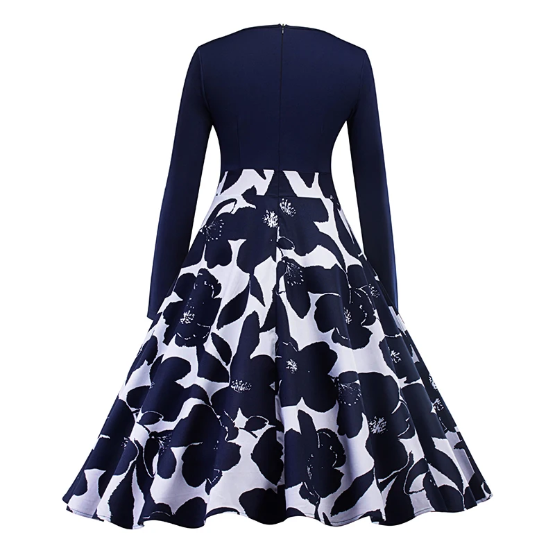 Kostlich 2017 Floral Print Autumn Winter Dress Women V-Neck Long Sleeve Hepburn 50s Vintage Dress Swing Elegant Party Dresses (7)