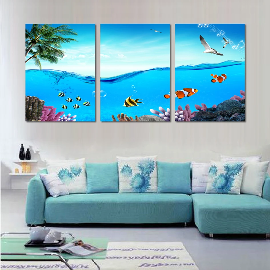 Modern 3 Piece Wall Art Tropical Sea World Canvas Wall Decor Blue Beach
