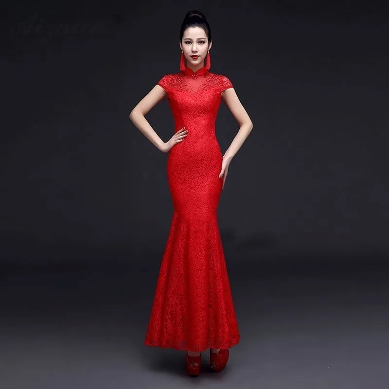 

Fashion Red Mermaid Long Cheongsam Modern Bride Marry Vintage Gown Qi Pao Women Chinese Wedding Dress Qipao Promotion Robe