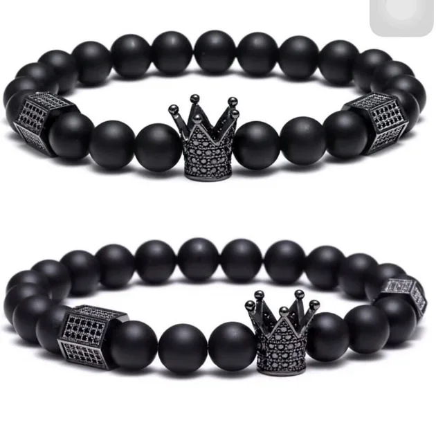 popular black micro pave CZ crown charm matte onyx beads stretch unisex bracelet popular black micro pave CZ crown charm matte onyx beads stretch unisex bracelet