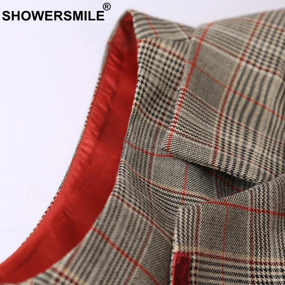 SHOWERSMILE 2018 Long Vest Women Plaid Waistcoat Khaki Office Gilet Female Checkered Pockets Designer Autumn Sleeveless Jackets