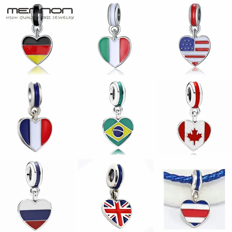 

Mix Enamel flags Charms 925 sterling silver love heart dangle charm fit beads bracelets necklace pendants DIY Jewelry For women