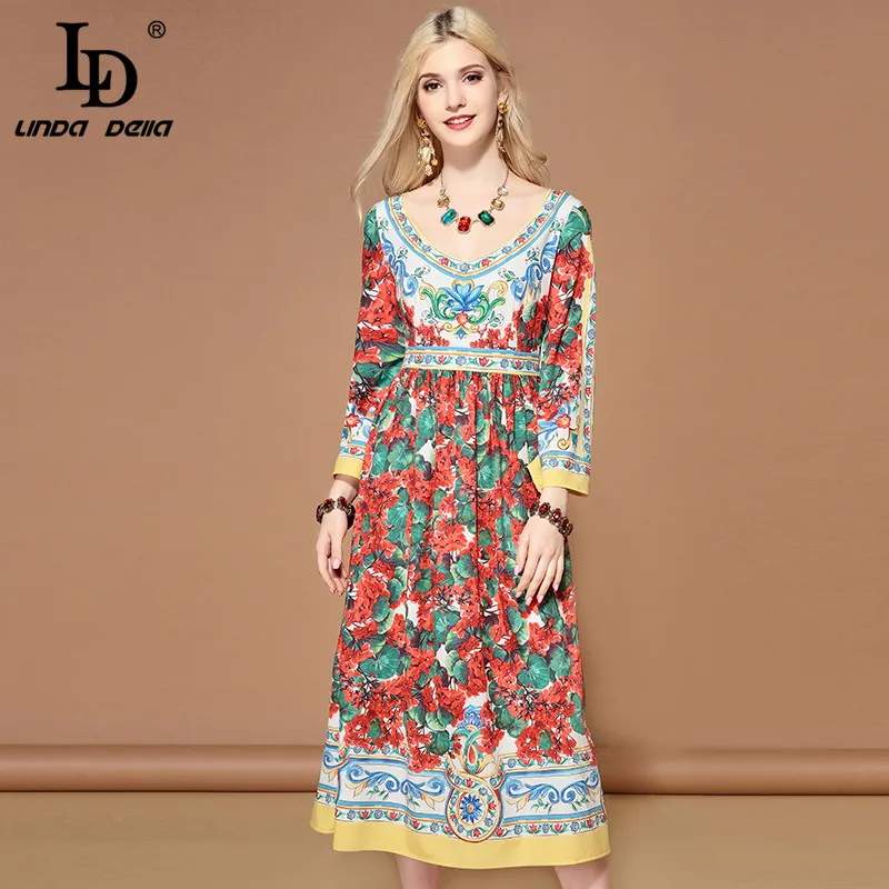 

LD LINDA DELLA Fashion Runway Autumn Dress Women's Long Sleeve Multicolor Floral Print A Line Midi Casual Holiday Elegant Dress