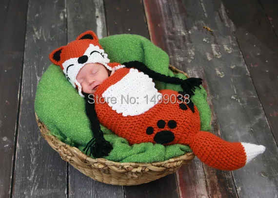 crochet Baby Red Fox Hat & Sleeping Bag Set photography prop