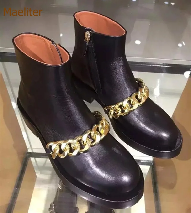 

Women Chic Square Low Heel Thick Chain Boots Gold Silver Metal Decoration Ankle Boots Concise Motorcycle Gladiator Boots US10