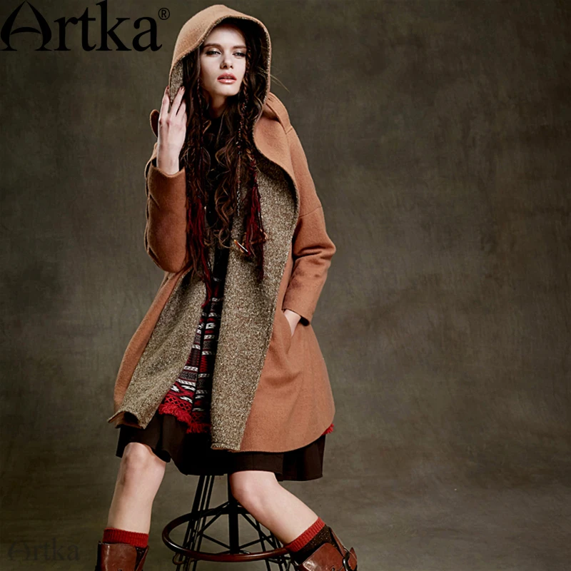 

ARTKA Women's Autumn&Winter New Knitted Patchwork Woolen Coat Vintage Hooded Batwring Sleeve Single Botton Coat FA15155D