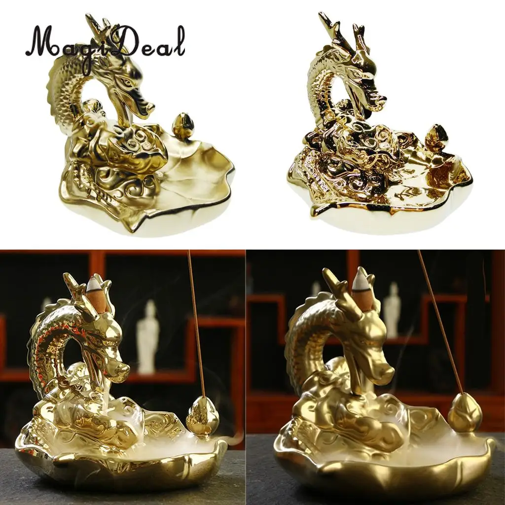 Incense Cones Ceramic Gold Dragon Incense Burner Smoke Backflow Waterfall Art Crafts Incense Cone Furnace