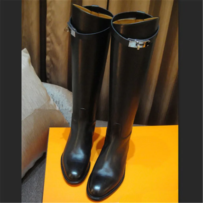 

2019 Runway Winter Warm Knee High Boots Shoes Woman Designer Knight Boots Leather Plus Size 42 Motorcycle Combat Botas Mujer