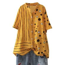 Винтажная женская блузка больших размеров, Женская декорированная бумага, принт, карман, стоячий воротник, короткий рукав, свободная летняя рубашка, топ, черный/желтый