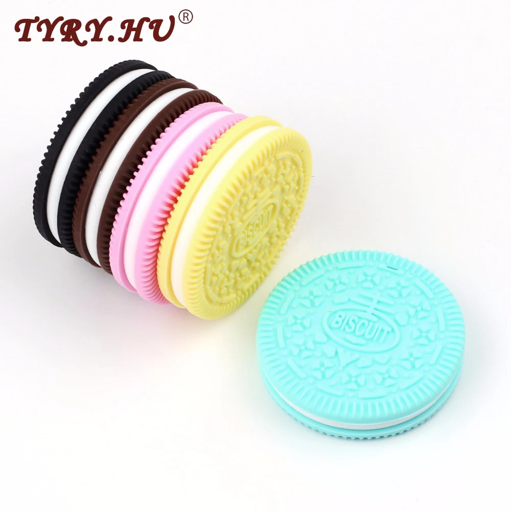 

TYRY.HU 1peice Teether Cookie Silicone Baby Teether DIY Teething Toy Biscuit Teethers Food Grade Safe Bebe Nursing Gift Pendant