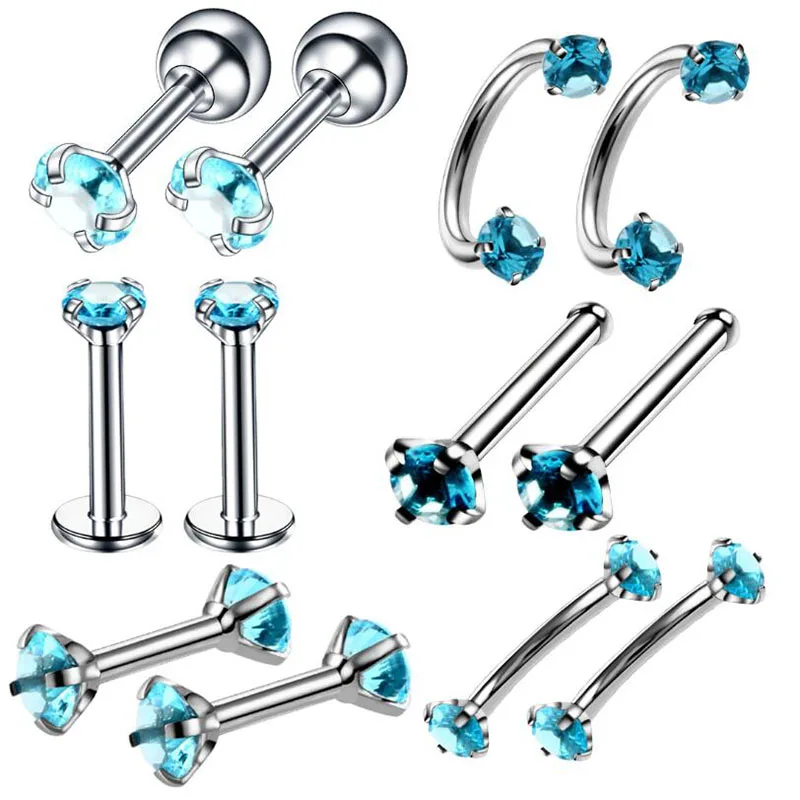 

Ybollar 12pcs/lot Stainless Steel Labret Lip Stud Ring Tongue Crystal Zircon Nose Hoop Piercing Ear Cartilage Tragus Jewelry