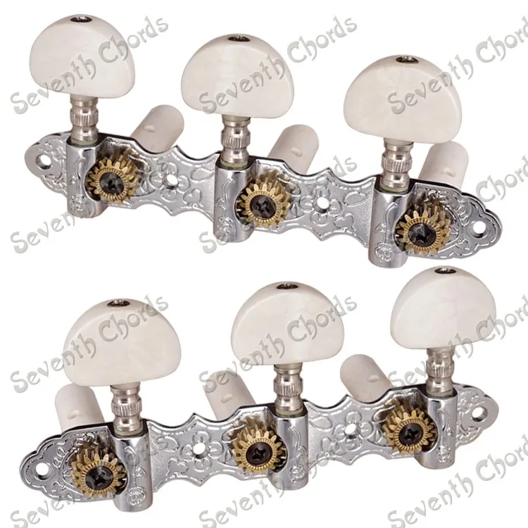 A Set White Pearl Button Classical Guitar String Tuners Tuning Peg Machine Heads Chrome Gear