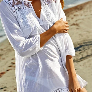 Белое повседневное пляжное хлопковое платье богемное платье туника для пляжа с v-образным вырезом кружевное лоскутное платье-рубашка vestidos mujer Sarong - Цвет: white