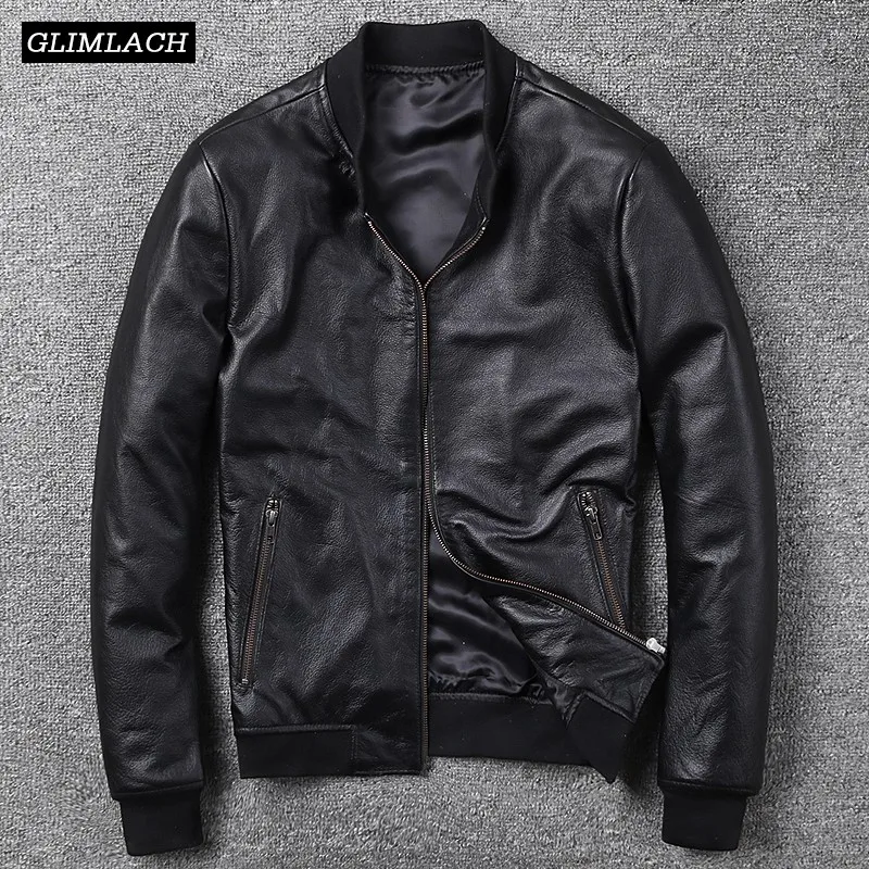 Black Genuine Leather Bomber Jackets Mens Cowskin Stand Collar Large Size 5XL Real Leather Flight Jacket Male Autumn Pilot Coat